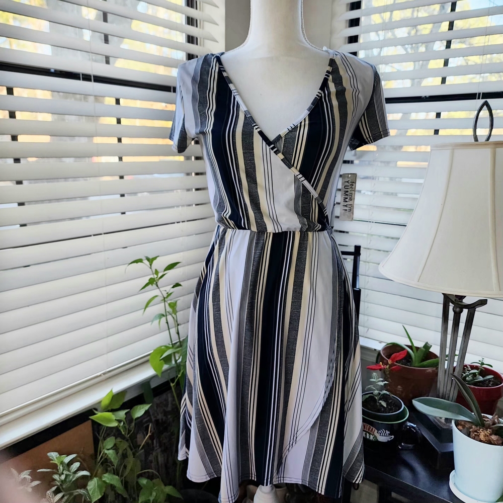 Derek Heart Navy and White Striped Midi Dress